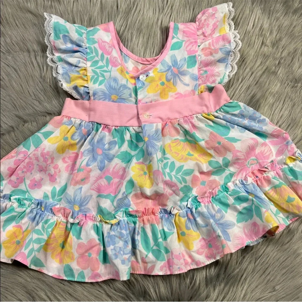 Vintage Baby Girls Blue Pink Floral Ruffle Pinafore Dress